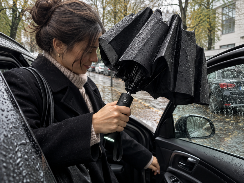 KI-generierte Alltagsszene mit Regenschirm am Auto im Regen