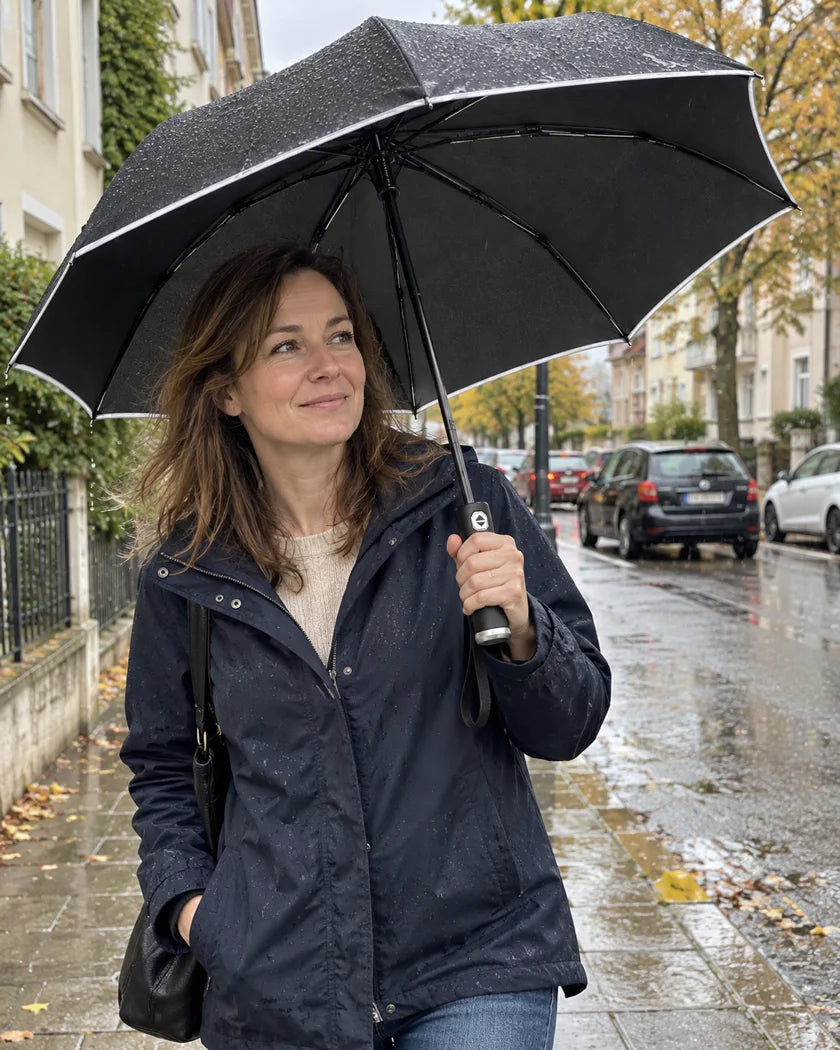 Illustrative Alltagsszene mit Rayni Umbrella: Unterwegs in der Stadt